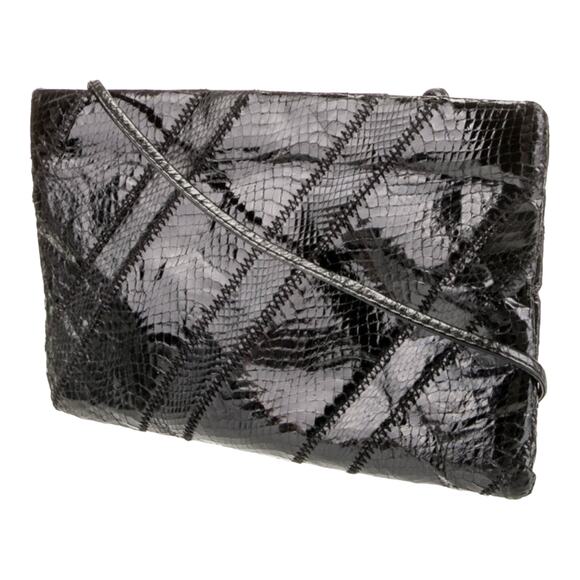 VINTAGE Edina Ronay Snakeskin Clutch Black Crossbody Shoulder Strap Designer EUC - Picture 2 of 6